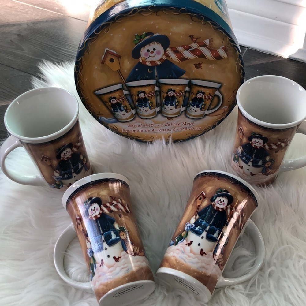 Snowman holiday tall coffee mug Christmas set /box
